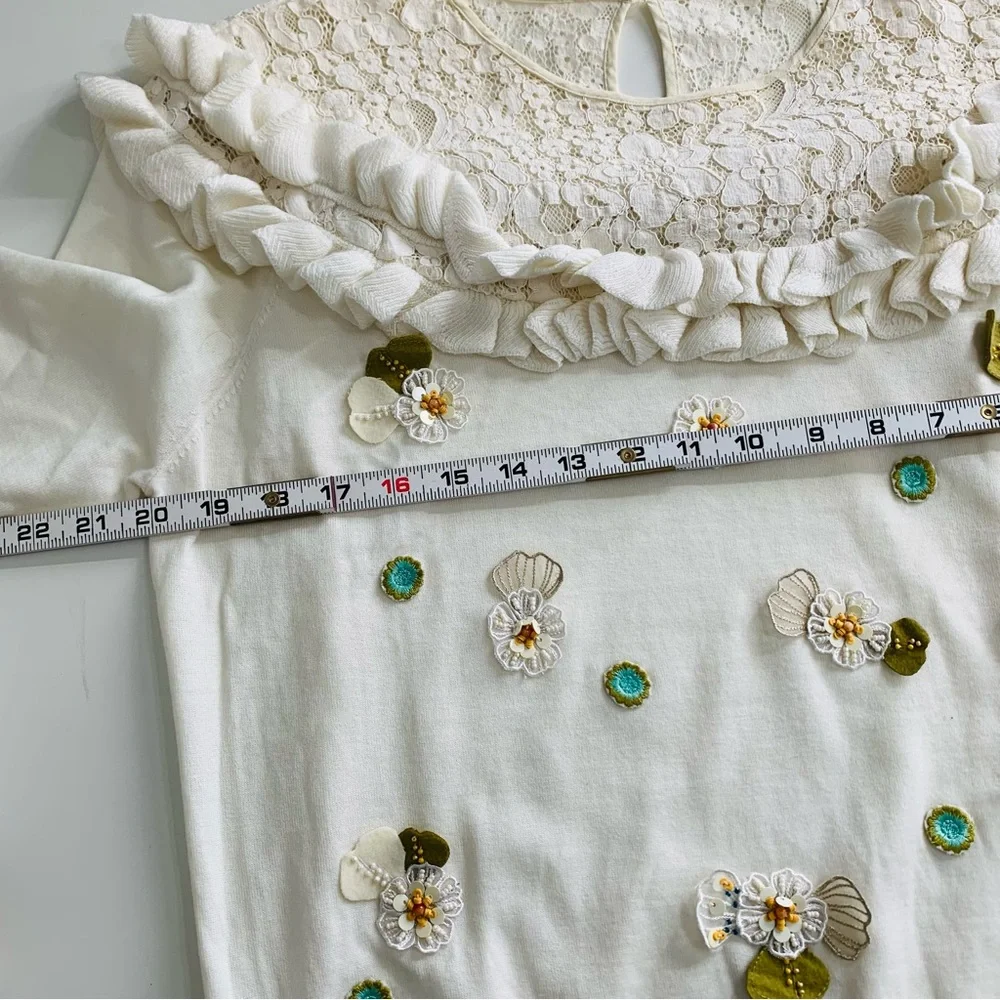Lace Collar Crew Neck Sweater Large Cream 3D Flowers Embroidered Beaded Sequins